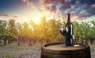 Kırmızı şarap şişesi ve yün fıçıda şarap kadehi. Güzel Toskana arka planı