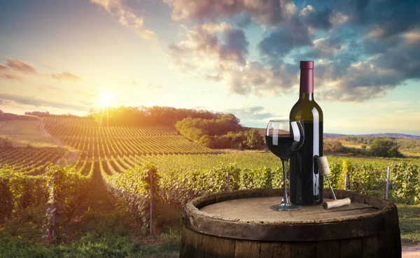 Kırmızı şarap şişesi ve yün fıçıda şarap kadehi. Güzel Toskana arka planı