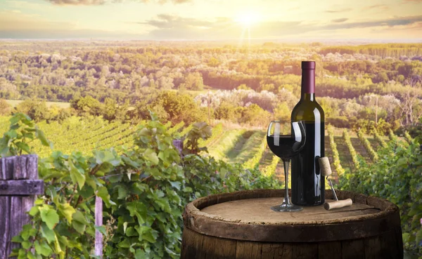 Kırmızı şarap şişesi ve yün fıçıda şarap kadehi. Güzel Toskana arka planı