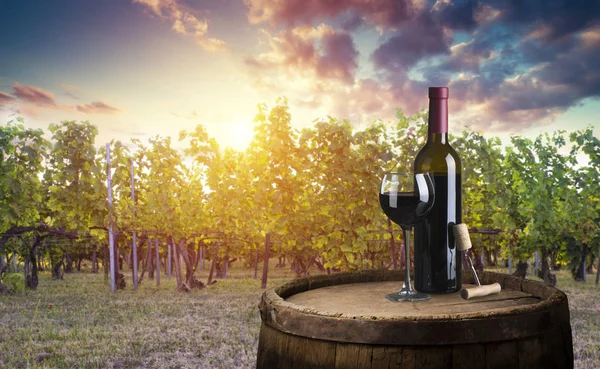 Red Wine Bottle Wine Glass Wodden Barrel Beautiful Tuscany Background Stock Photo