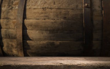 fıçının arka planı ve aşınmış eski ahşap masa