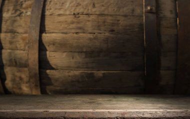 fıçının arka planı ve aşınmış eski ahşap masa