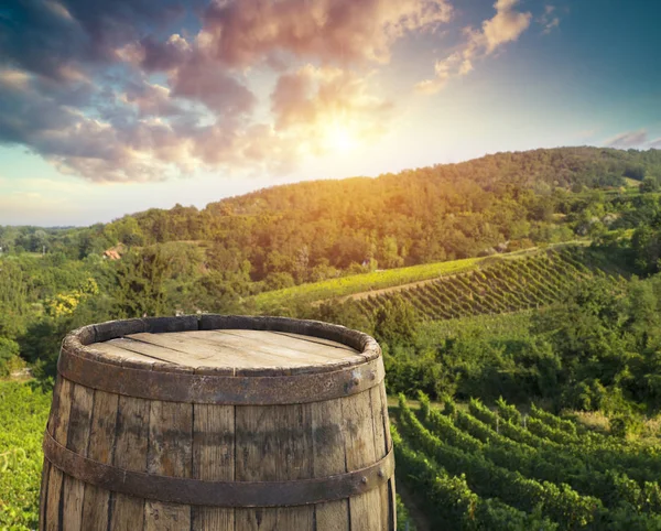 Red wine with barrel on vineyard in green Tuscany, Italy — Stock Photo, Image