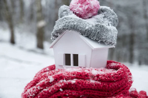 Будинок Взимку Концепція Системи Опалення Холодна Сніжна Погода Моделлю Будинку — стокове фото