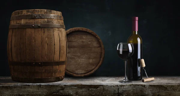 Red Wine Bottle Wine Glass Wodden Barrel — Stock Photo, Image