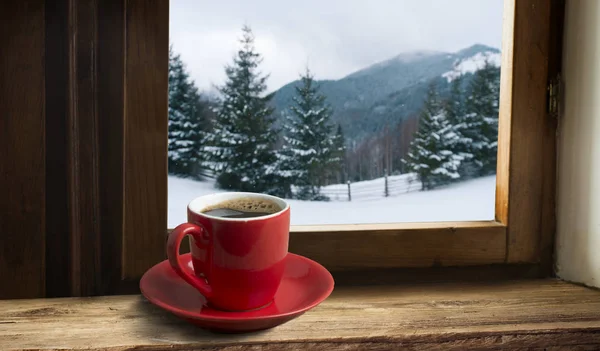 Winter Background Cup Candy Cane Woolen Scarf Gloves Windowsill Winter — Stock Photo, Image