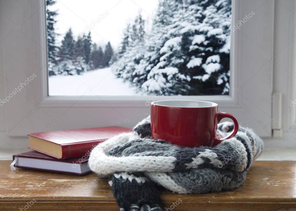 Winter background - cup with candy cane, woolen scarf and gloves on windowsill and winter scene outdoors. Still life with concept of spending winter time at cozy home with cold weather outdoors