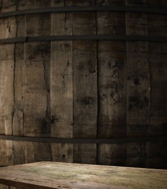 fıçının arka planı ve aşınmış eski ahşap masa