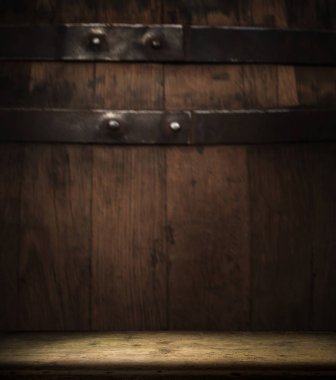 fıçının arka planı ve aşınmış eski ahşap masa