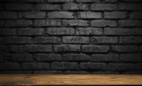 Selected focus empty brown wooden table and wall texture or old black brick wall blur background image. for your photomontage or product display