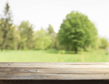 Tarım çiftliğindeki yeşil pirinç tarlasının yanındaki ahşap zemin..