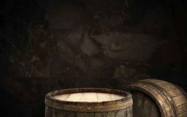 Background of barrel and worn old table of wood — Stock Photo, Image