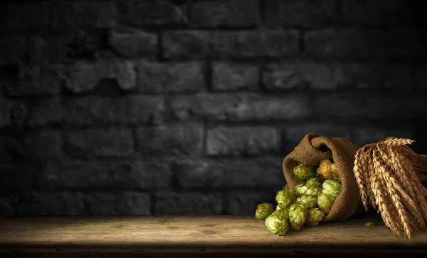 Natureza morta com um barril de cerveja e lúpulo. — Fotografia de Stock