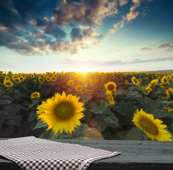 Lege houten plank met zonnebloem veld achtergrond — Stockfoto