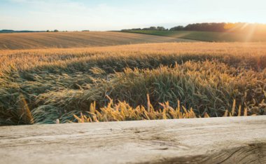 Buğday tarlasının üzerinde gün batımı ya da gün doğumu olan boş ahşap bir masa. Ürün montajı için hazır