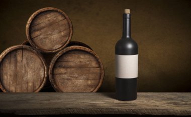 Kırmızı şarap, şişe, bardak ve eski fıçıyla dolu sakin bir hayat.