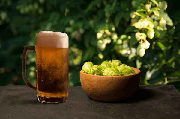 Cerveza ingredientes de elaboración Hop en bolsa y espigas de trigo en madera agrietada mesa vieja. Concepto de cervecería. Conos de lúpulo y primer plano de trigo. Saco de lúpulo y gavilla de trigo sobre fondo vintage. — Foto de Stock