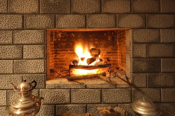 Interior Fireplace Burning Woods — Stock Photo, Image