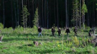 Ural dağlarındaki ormanda yürüyen turistler.