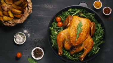 Demir bir tabakta yeşil otlarla doğranmış tavuk ya da hindi.