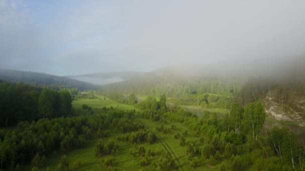 Pohled shora na horskou řeku skrz mraky — Stock video