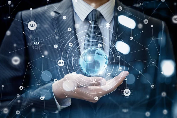 Technologien Die Die Welt Der Hand Geschäftsmann Auf Blauem Hintergrund — Stockfoto