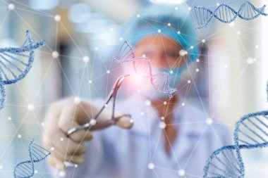 DNA ile bulanık arka planda çalışan araştırmacı.