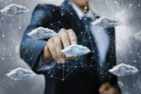 Businessman Clicks Secure Cloud Data Network — Stock Photo, Image