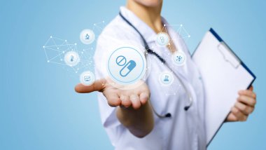 Nurse shows the structure of a prescription for treatment on the blue background. clipart