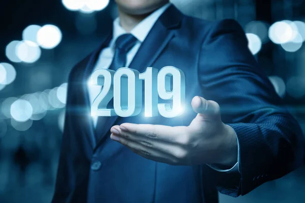 Mão Homem Negócios Mostra 2019 Conceito Novo Ano — Fotografia de Stock