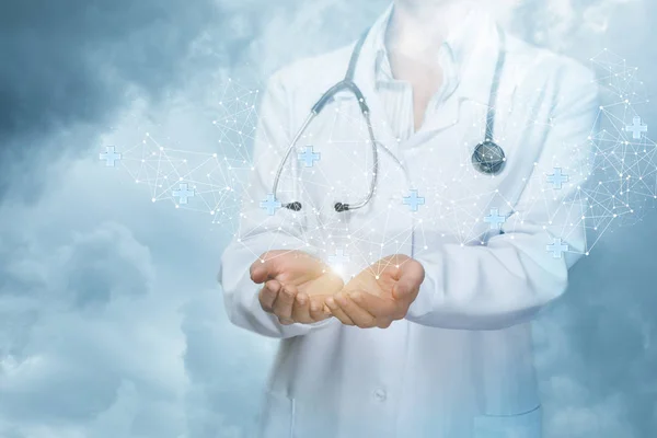 Doctor Supports Medical Network Sky — Stock Photo, Image