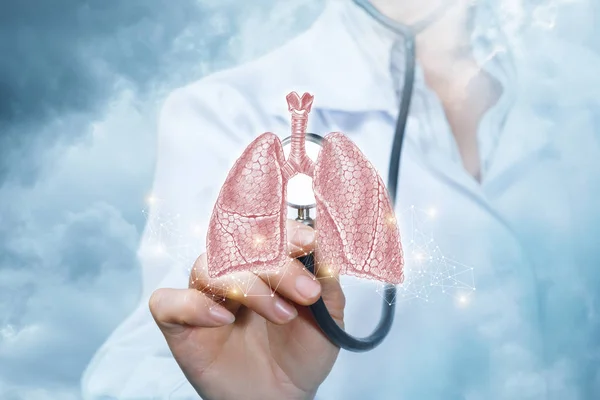 Doctor Listens Human Lungs Background Sky — Stock Photo, Image