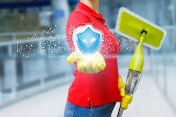 Cleaning Lady Shows Symbol Guarantees Quality Work Blurred Background — Stock Photo, Image