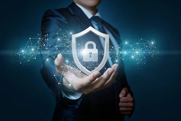Proteção Computador Segurança Rede Nas Mãos Homem Negócios Fundo Azul — Fotografia de Stock