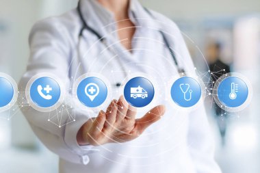 Boynunda steteskop ile bir doktor tıbbi kutsal kişilerin resmi iç ile küçük küreler dijital zincirinin bir ekranla temas ediyor. Ambulans bir kavramdır.