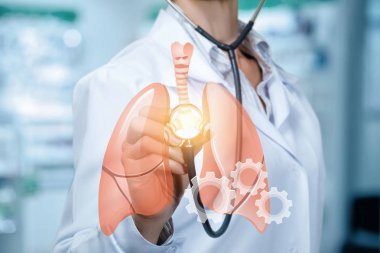 Bir doktor bir akciğer modeli görüntü laboratuvar iç arka plan, steteskop ile temas ediyor. Kavram erken teşhis önemlidir.