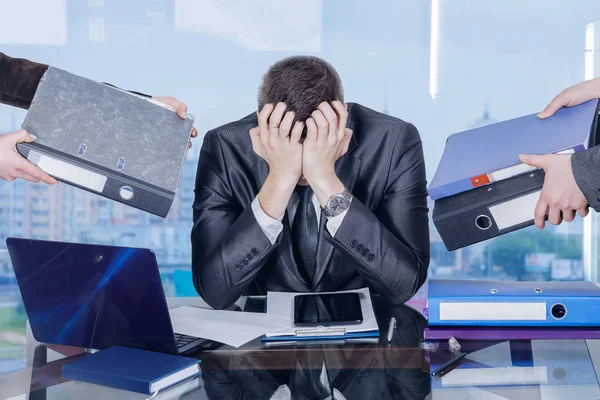 Businessman Sitting His Working Place Office Closing His Face Hands — Stock Photo, Image