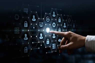 Bir erkek el sembolleri ve koyu arka plan dokunaklı belgili tanımlık screenâ simgeleri içeren finansal ve veri güvenlik sistemi yapısı ile faaliyet göstermektedir.