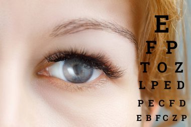 Bir closeup düz görünümlü bir kadın gri göz ve görme testi tablo. Oftalmolojik tanı, tedavi ve düzeltme kavramı.