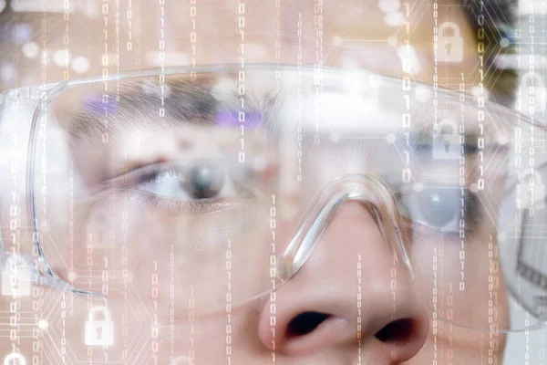 Closeup Male Face Wearing Transparent Virtual Reality Glasses Binary Codes — Stock Photo, Image