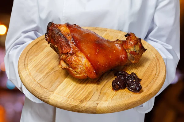 Closeup Chief Cook Holding Wooden Tray Baked Ham Pork Prune — Stock Photo, Image