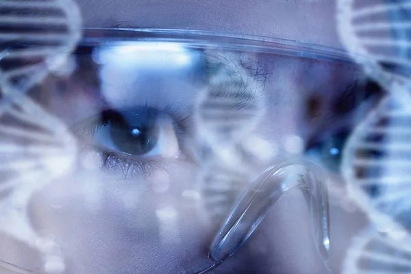 Closeup Female Eyes Protective Transparent Glasses While Laboratory Investigations Dna — Stock Photo, Image