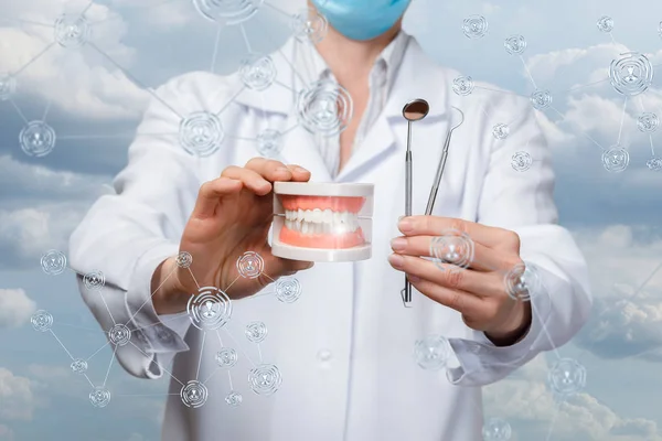 Un dentiste montrant un modèle de prothèse dentaire et des outils dentaires . — Photo