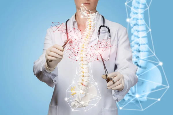 En läkare som verkar med konstgjord ryggrad modell med medicinska verktyg. — Stockfoto