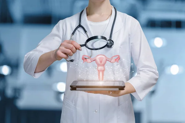 한 의료인이 여성의 자궁을 검사합니다. . — 스톡 사진
