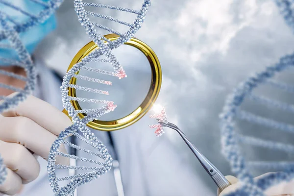 The health worker looks at DNA through a magnifying glass . — Stock Photo, Image