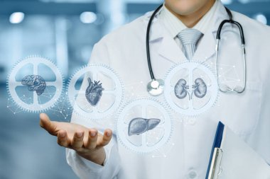 Doktor iç organların mekanizmasını gösterir .