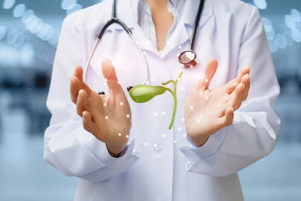 Le médecin montre la vésicule biliaire sur fond flou . — Photo