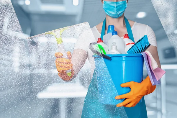 Concept Window Cleaning Service Cleaning Lady Washes Window Blurred Background — Stock Photo, Image