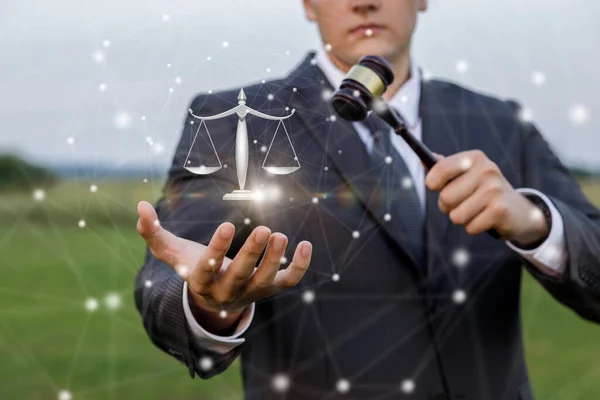 Lawyer Shows Scales Justice Holds His Hands Hammer Judge — Stock Photo, Image